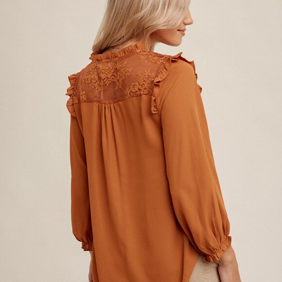 HEM & THREAD Rust Ruffle Shoulder Blouse | Lace Back Detail - Picture 3 of 5